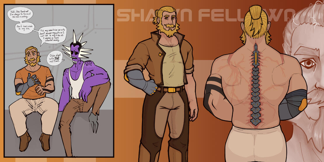 Shawn&#39;s reference sheet, with a general overview of his design and a detailed look at his back. There&#39;s also a little snippet of how he deals with personal issues.